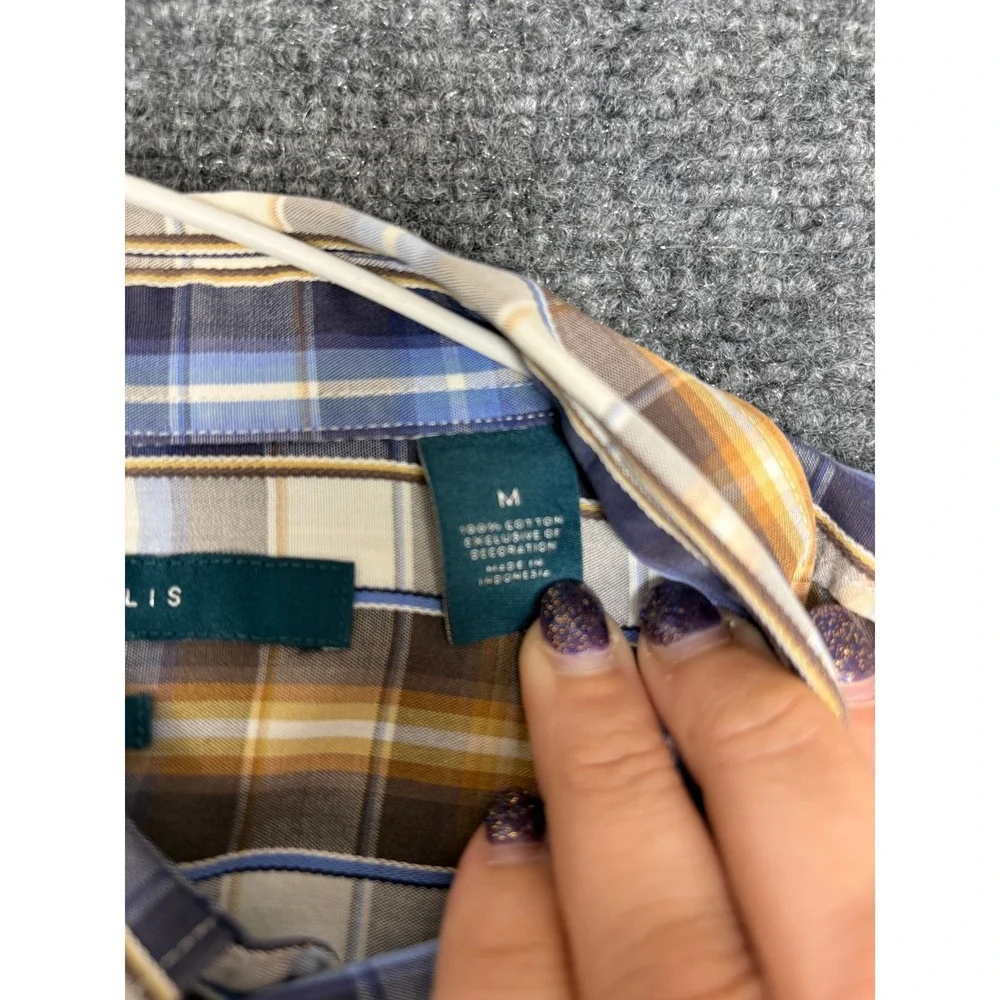 Perry Ellis Button Down Shirt Mens Medium Blue Brown Plaid Slim Fit Long Sleeve